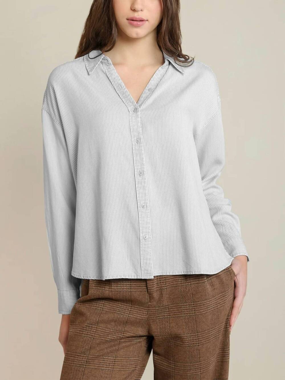 NEW DEX stripe button down shirt in taupe